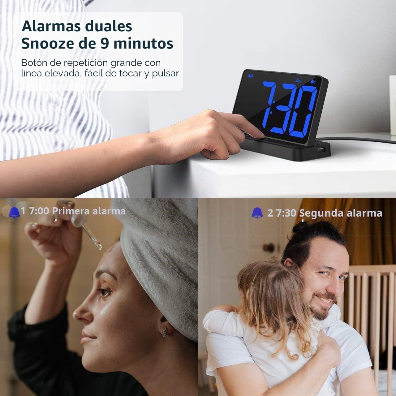 NOKLEAD Reloj Despertador Digital - Reloj Digital Sobremesa con 5 Sonidos de Alarma, Brillo Ajustable, Reloj Digital con Cargador USB, Pantalla LED Grande de 6.5 ", repetición y 12/24 Horas