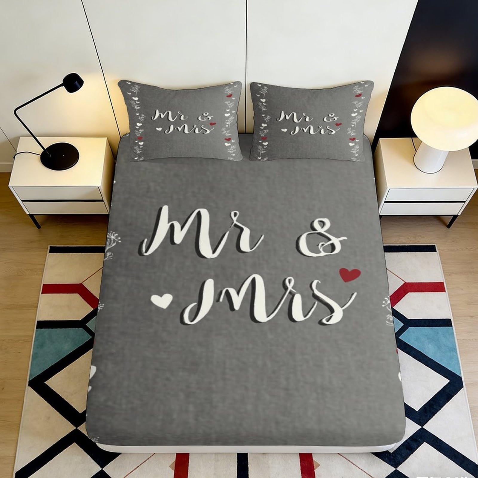 Jqzkxnhpbr Style-4 3D Printed Mr & Mrs Fitted Sheet Microfiber Grey Wedding Heart Bed Cover Non Slip Machine Washable Bedroom Decor 90X200x25cm