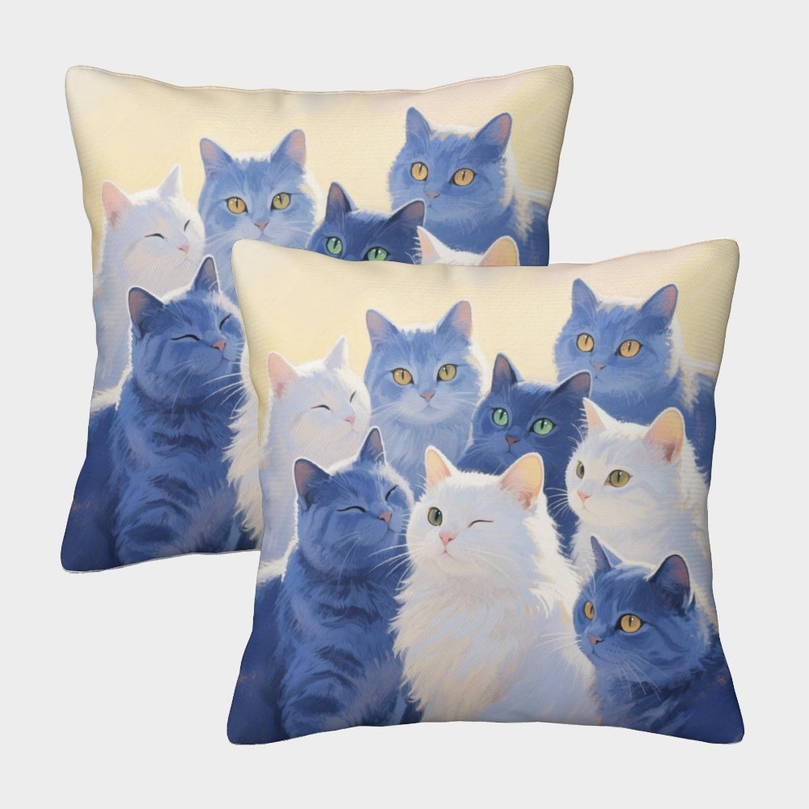 EMYXPAQM Cats Cushion Covers Set of 2, Group Blue White Cats Throw Pillow Covers Polyester Washable Decorative Square for Livingroom Couch Bed Sofa 40x40cm