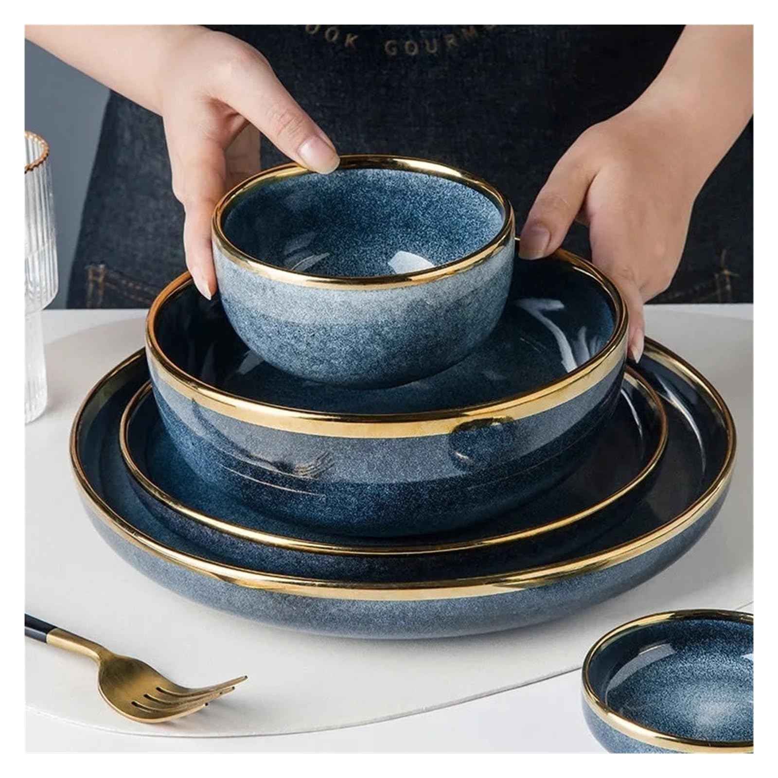 Keramik-Geschirr-Set – 19,1 cm tiefe Teller, Serviergeschirr, Dessertteller, Steakteller, Salat- und Suppenschalen – komplettes Geschirr für Zuhause