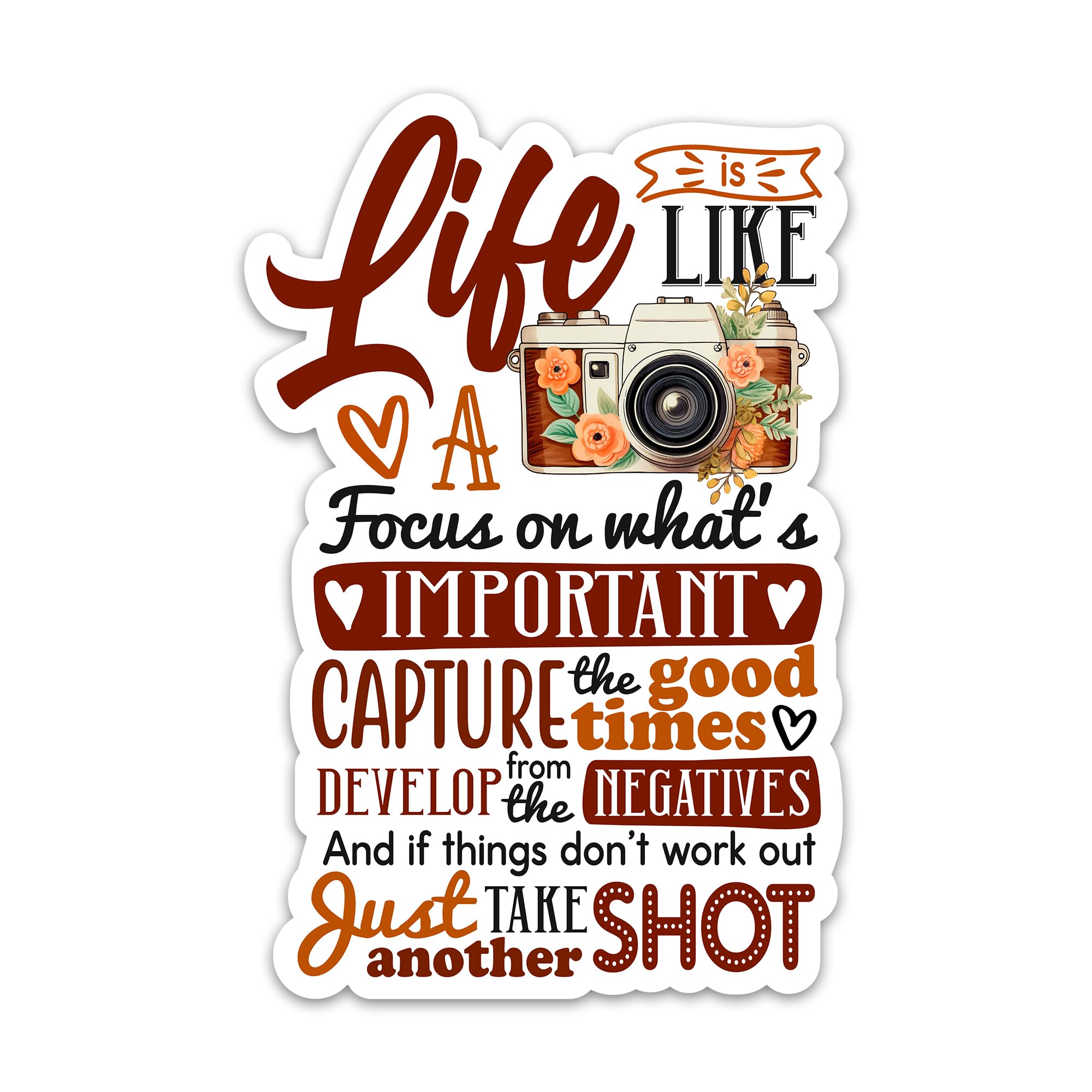 CLOUDSYDE Life is Like A Camera Sticker, Photography Inspiring Waterproof Vinyl Stickers for Laptop Water Bottle Phone Case Tumbler, Cute Flower