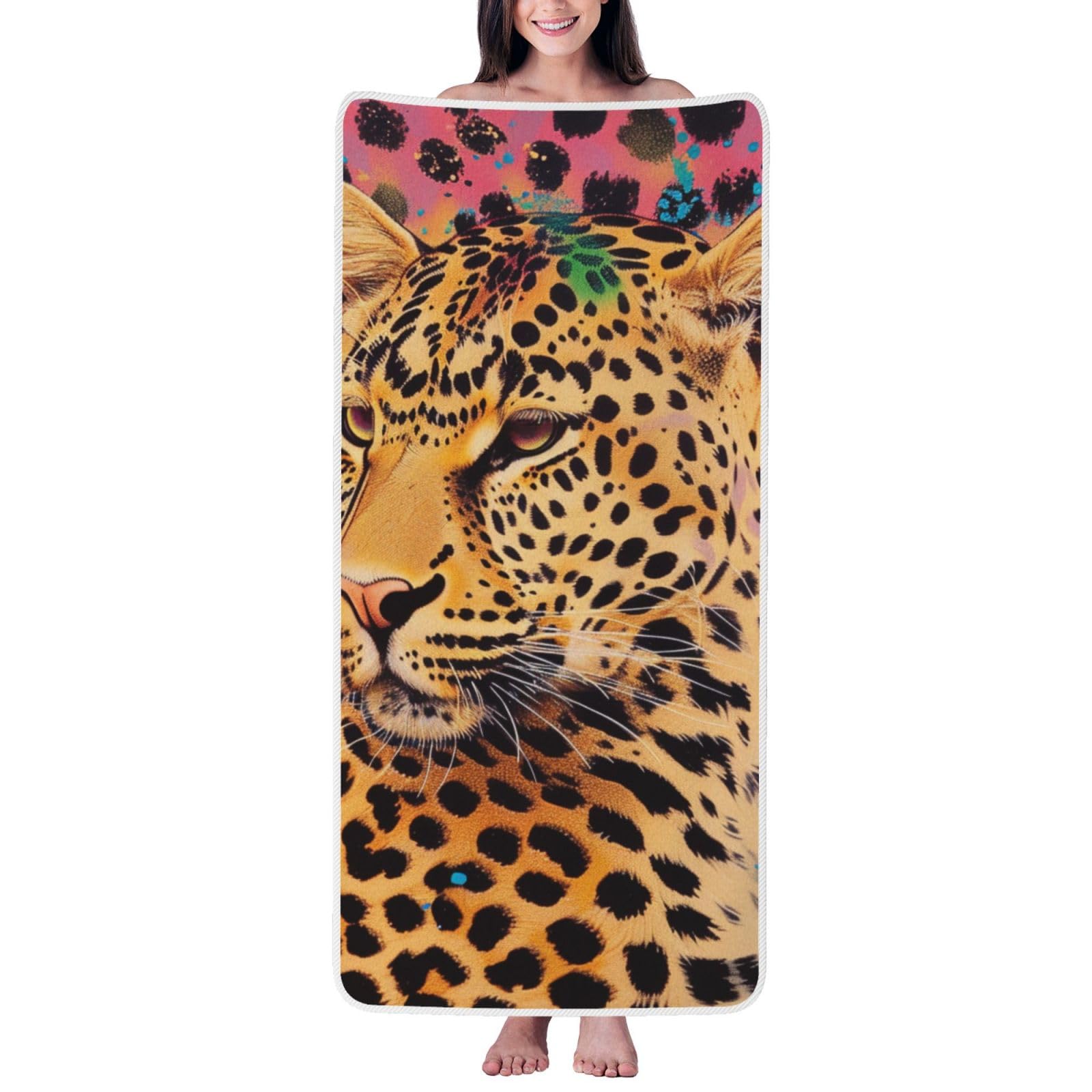 WPKJU Fun Leopard Print Printed Bath Towel with White Edging - 27x55 in Soft Extra Absorbent Coral Velvet Shower Towels for Bathroom