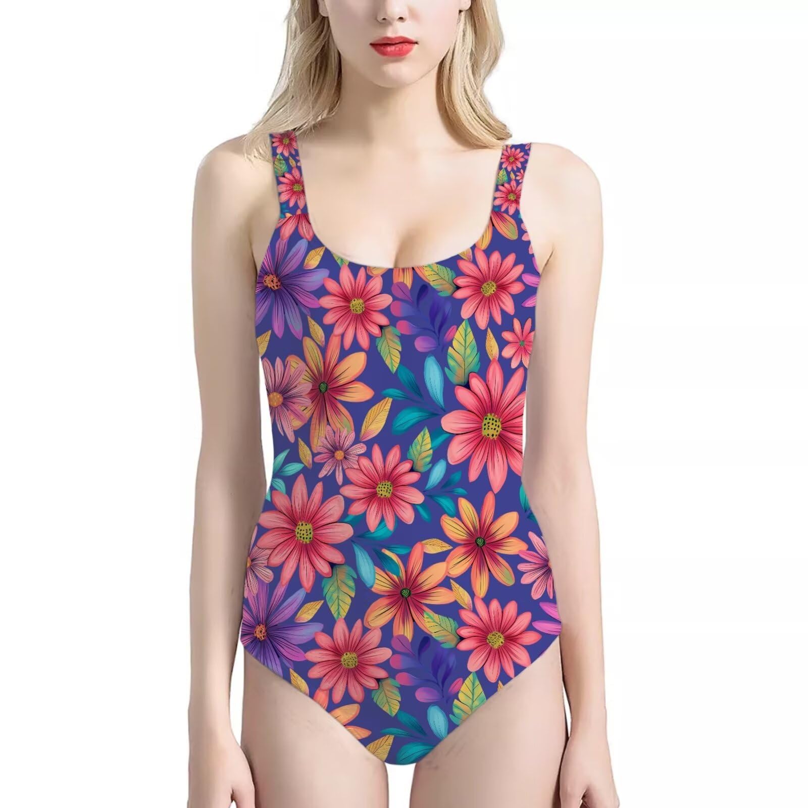 Nxidvxne One Piece Swimsuits Athletic Training Swimwear Bathing Suits 3D Print Bohemia Flower Pattern Excercise Backless Bathing Wear Purple