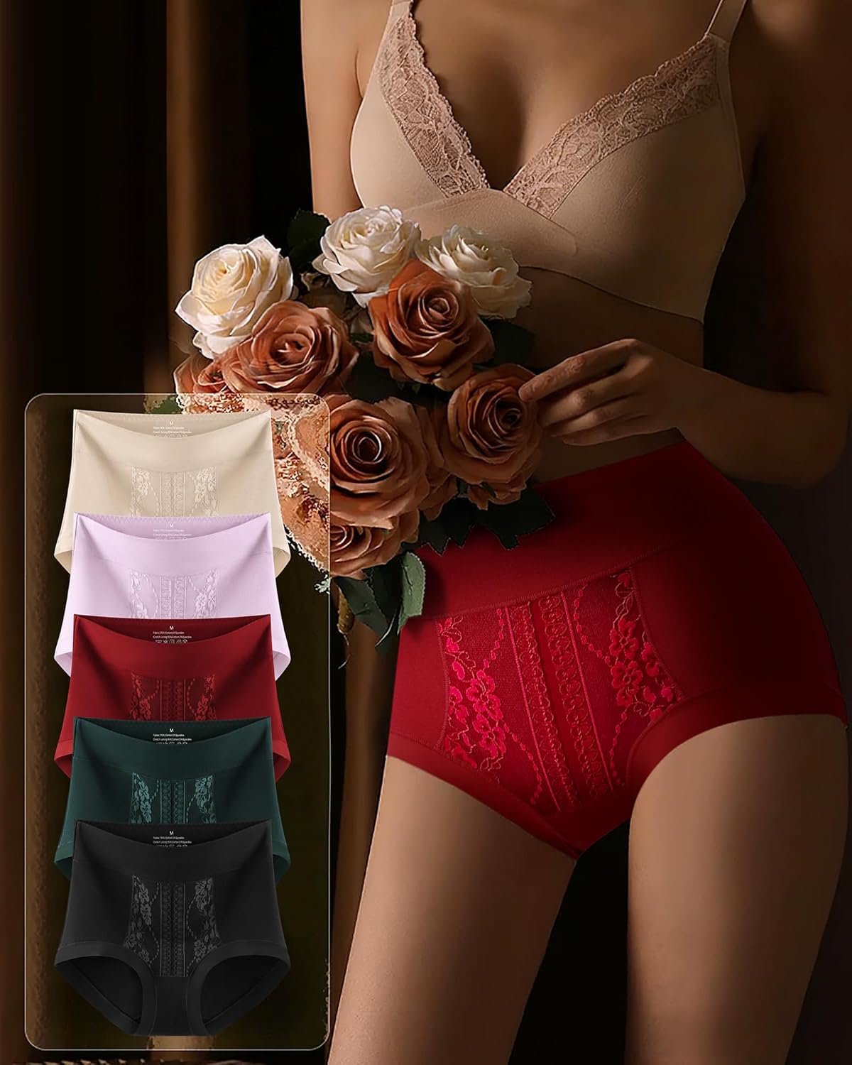 Annenmy High Waisted Cotton Women Underwear Soft Full Coverage Briefs Ladies Lace Panties 5 Pack Regular & Plus Size - Image 3