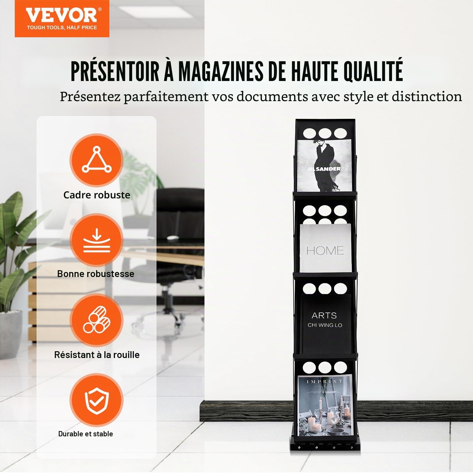 VEVOR Présentoir à Brochures Pliable, Porte-Brochures sur Pied 4 Niveaux, Porte-Revues Magazines Journaux Léger et Portable avec Sac de Transport, pour Magasin Bureau Salon Foire Exposition, 4 Poches
