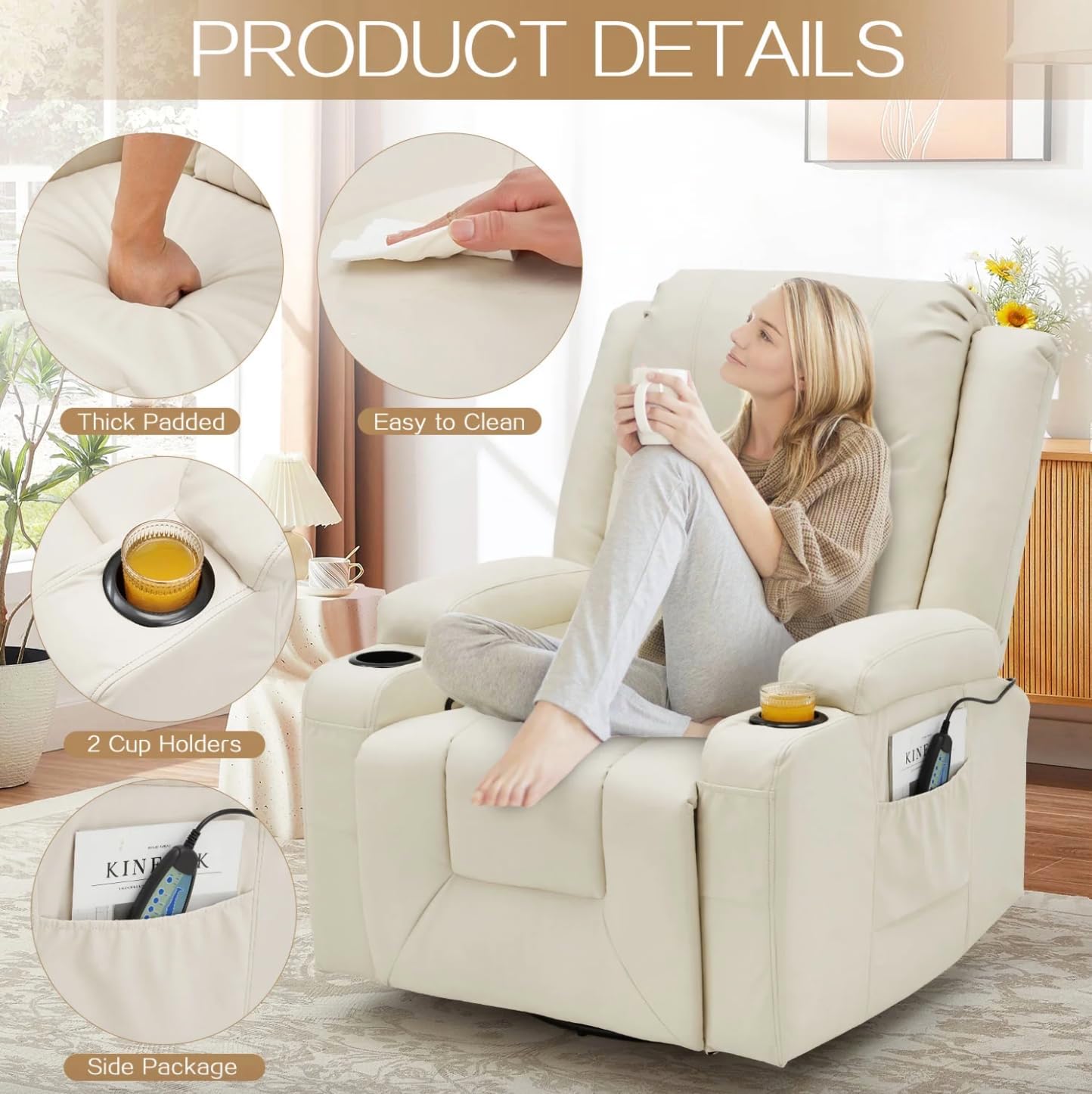 Massage Recliner Sofa Leather Vibrating Heated Chair Lounge Executive w/ Control - Cream