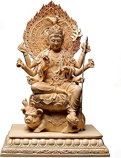 木彫りの仏像 摩利支天 座像【勝負必勝 ・武徳守護 ・賭事強運 ・受験合格】桧木製 必勝祈願の守護神(高さ28×幅19×奥行12㎝)