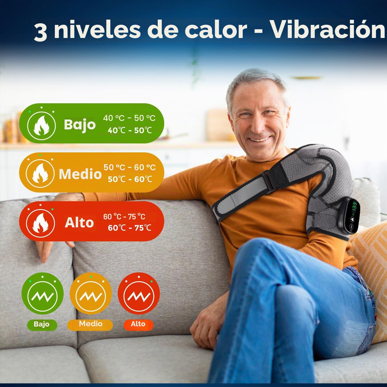 Soporte de Hombro Inalámbrico con Calefacción, Almohadilla Masajeadora para Hombros Térmica,Hombrera Térmica Con 3 Niveles De Calor Y Vibración para hombres y mujeres (Gray)