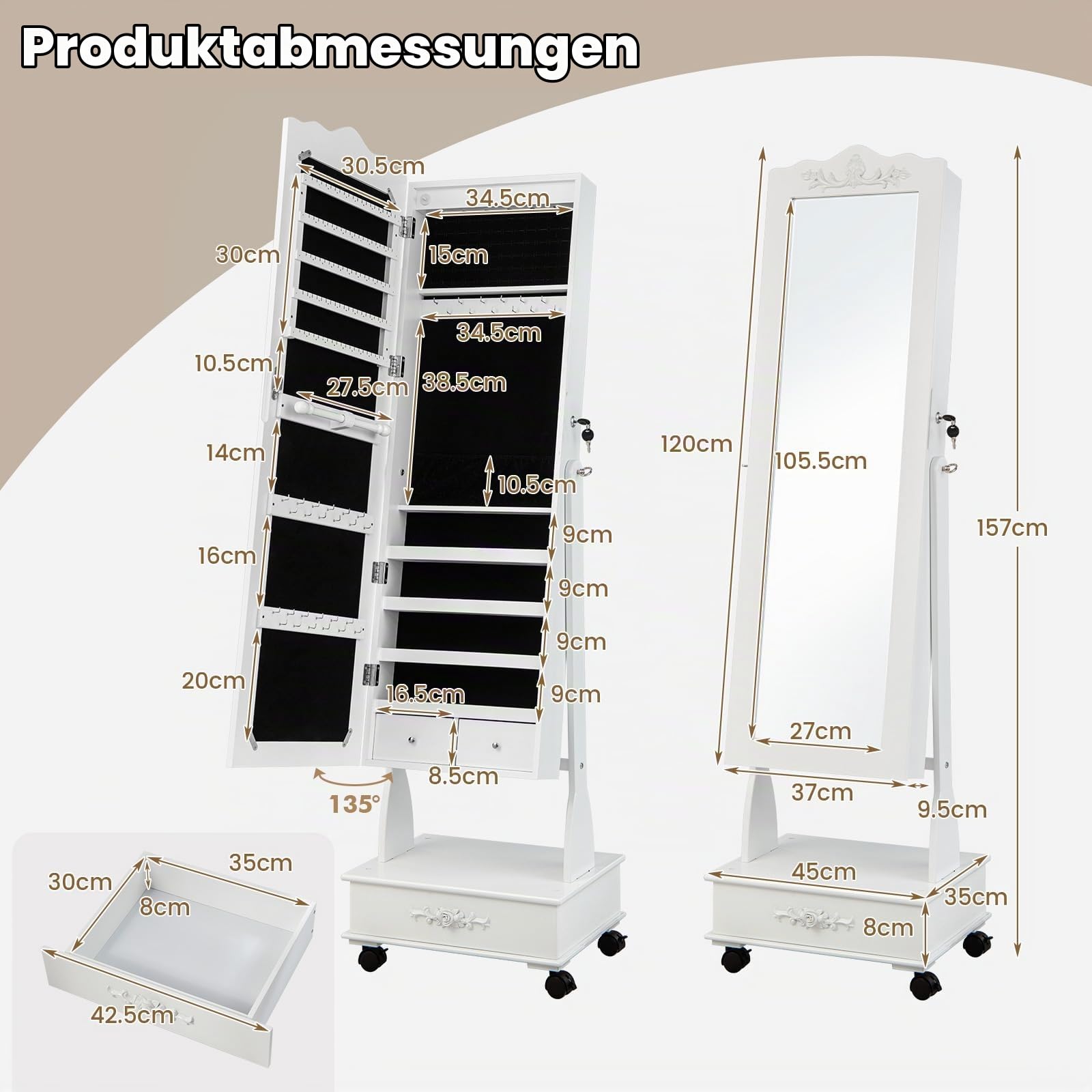 HOMASIS 2 in 1 Schmuckschrank mit Ganzkörperspiegel & LEDs, 360°beweglicher Schmuckregal mit 3 Schubladen & 4 Ablagen aus Holz, abschließbarer Spiegelschrank mit Kettenhaken & Ringverschluss (Weiß)