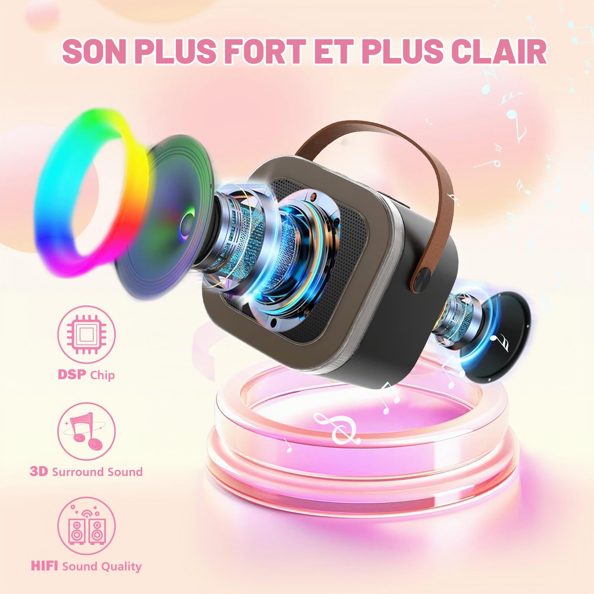 Mini Machine de karaoké pour Enfants et Adultes, Haut-Parleur Bluetooth Portable avec 2 Microphones sans Fil, Cadeaux d'anniversaire pour Filles âgées de 4, 5, 6, 7, 8, 9, 10 Ans et（Black）