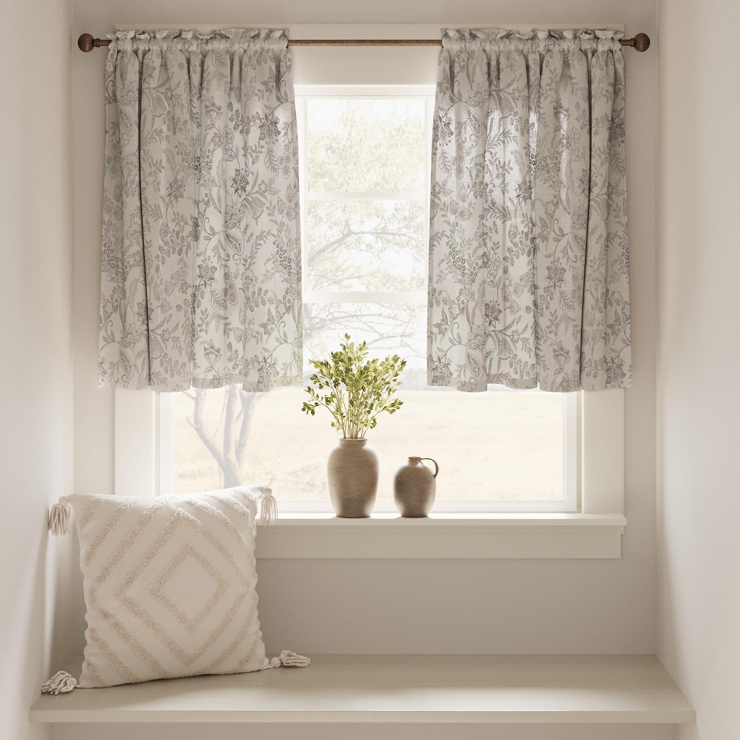 TOPICK Grey Floral Linen Blend Kitchen Curtains 24 Inch Drop Small Cafe Curtains Light Filtering Curtain Tiers for Bathroom Sink Rod Pocket 2 Panels - Image 2
