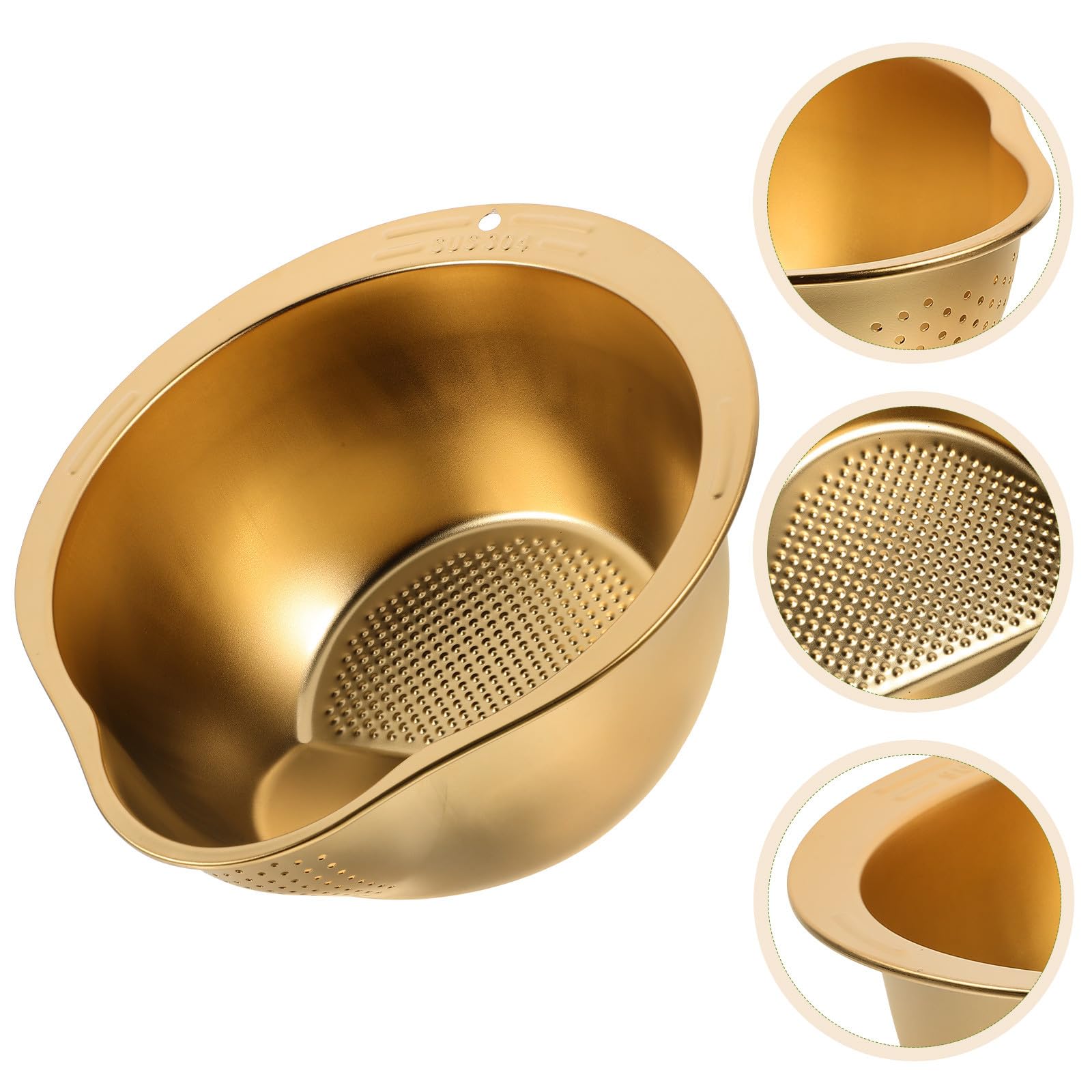 Cesta Dorado Lavado Inoxidable de Arroz de Acero para Cocina | Lavado de Verduras y Frutas, Filtrado Eficaz, Vertido Sencillo, Uso Diario en Cocina, Diseño Elegante