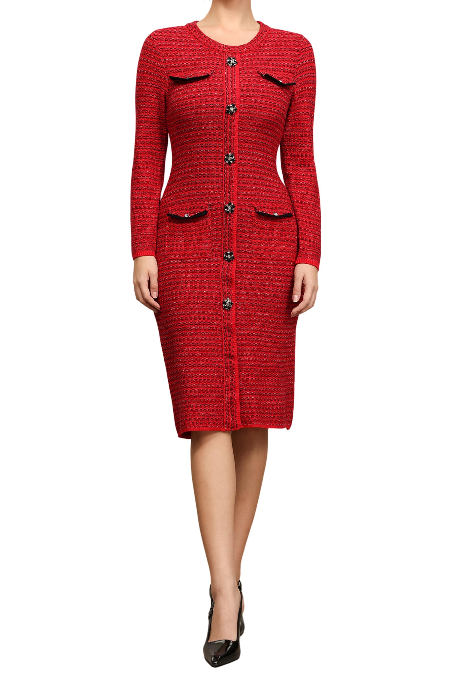 Red Long Sleeve Round Neck Midi Tweed Dress Knit Pocket Button Office Chic Formal Vintage Elegant Pencil Dress