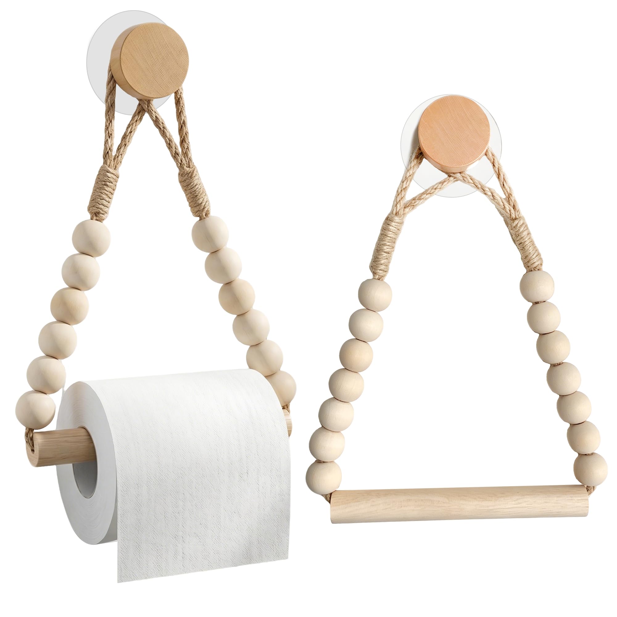 2 Pack Toilet Paper Holder - Wooden Bead Suction Cup Towel Rack