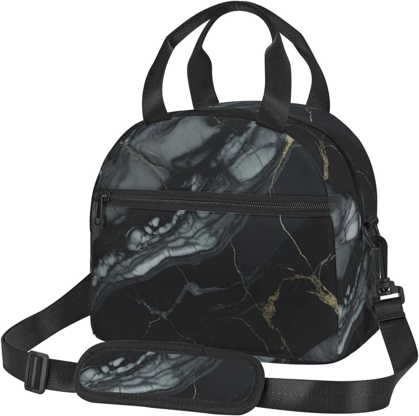 Black marble Print Reusable Lunch Bag Insulated Lunch Boxes for Office Work Picnic Tote Bag Adjustable