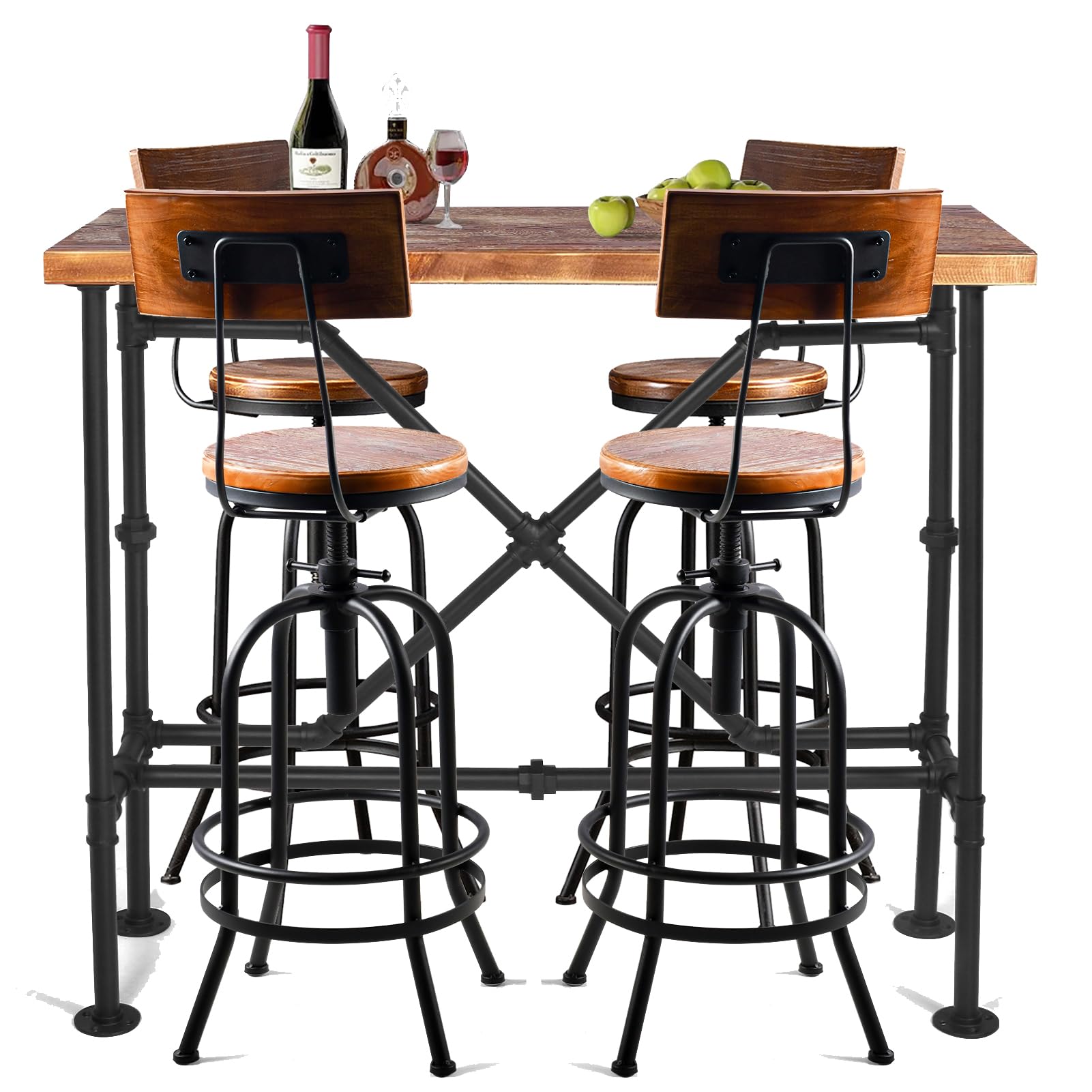 LOKKHAN 5-Piece Table & Chairs Set for Home Office Cafe Pub Bar Party Bistro, Rectangular Dining Table for 2-4, Four Swivel Adjustable Stools, Heavy