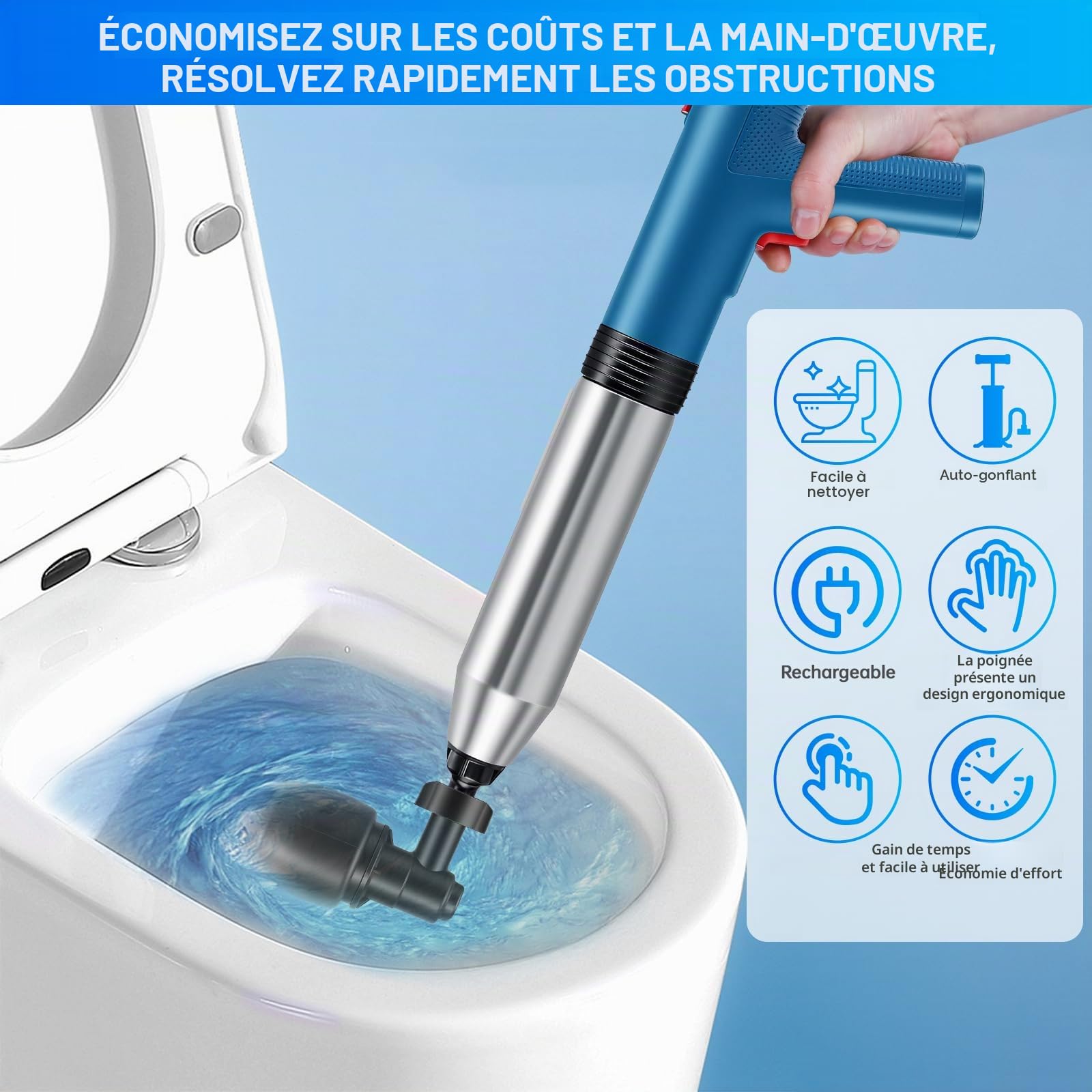 Électrique Déboucheur de Canalisations, Électrique Déboucheur à Ventouse, Air Comprimé Déboucheur de Furet pour Toilette, WC, Lavabo, Douche