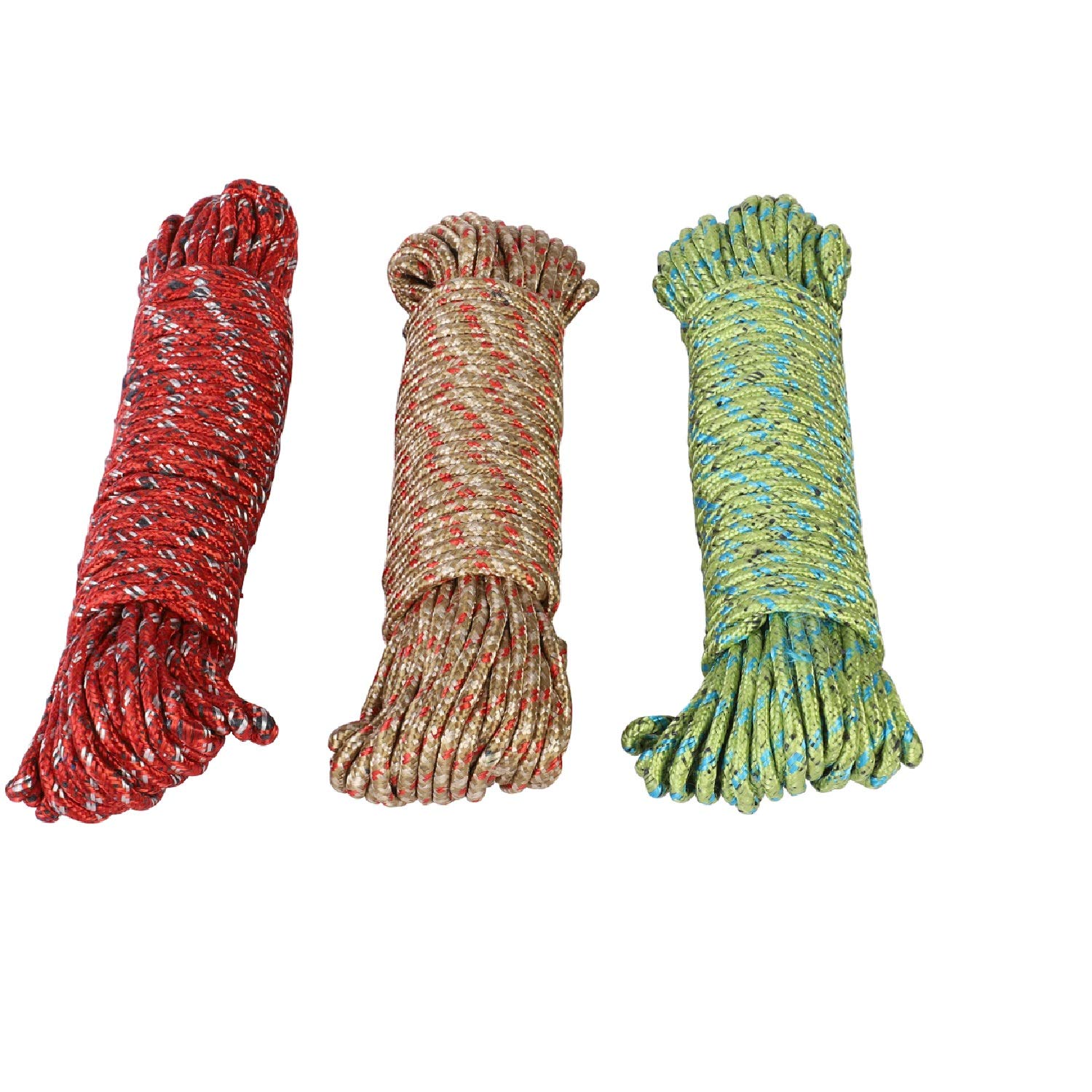 NFI essentials Cotton Cloth Nylon Braided Rope - Pack of 3 - Length 20 Meter Windproof Hanging Rope Anti-Slip Clothes Washing Line Drying Nylon Rope with Hooks