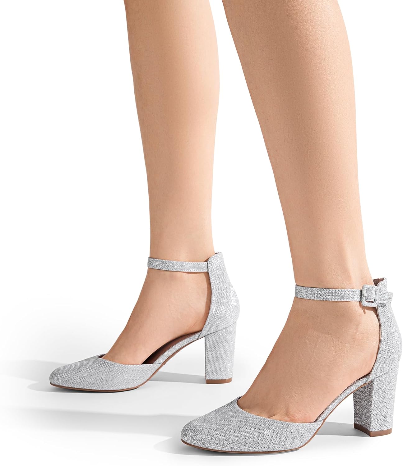 Silver Glitter Faux Leather High Heel Ankle Strap Pumps