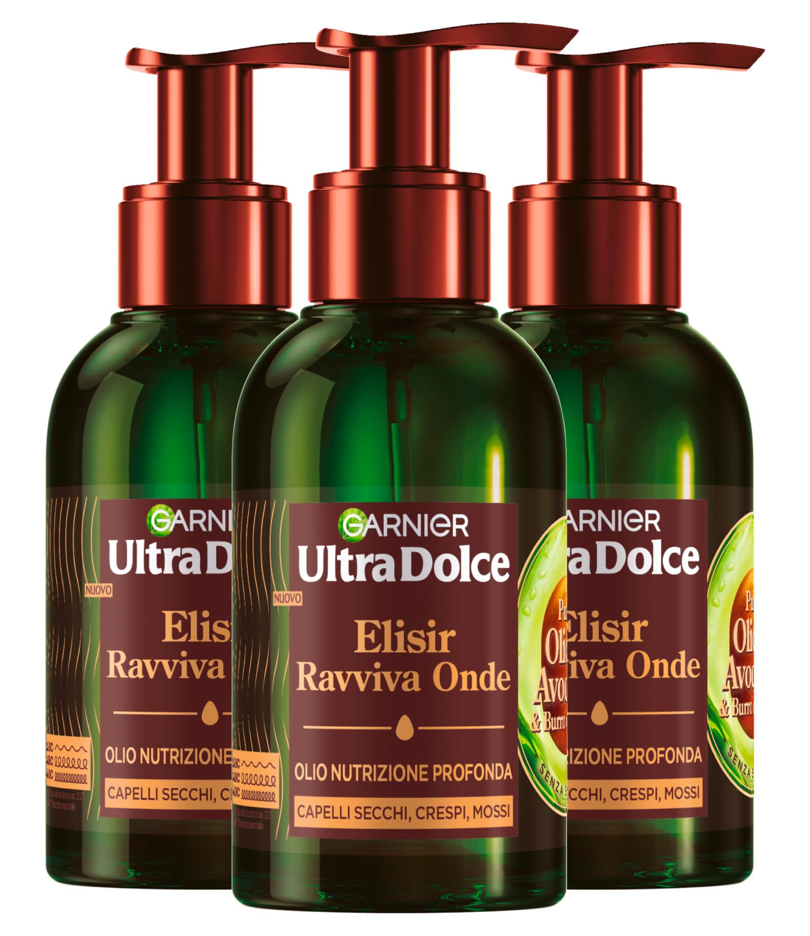 Garnier Ultra Dolce Elisir Ravviva Onde Olio Nutrizione Profonda con Olio Puro di Avocado e Burro di Karité per Capelli Secchi Crespi Mossi Effetto Anti Crespo Idratazione Intensa - 3 Flaconi da 120ml