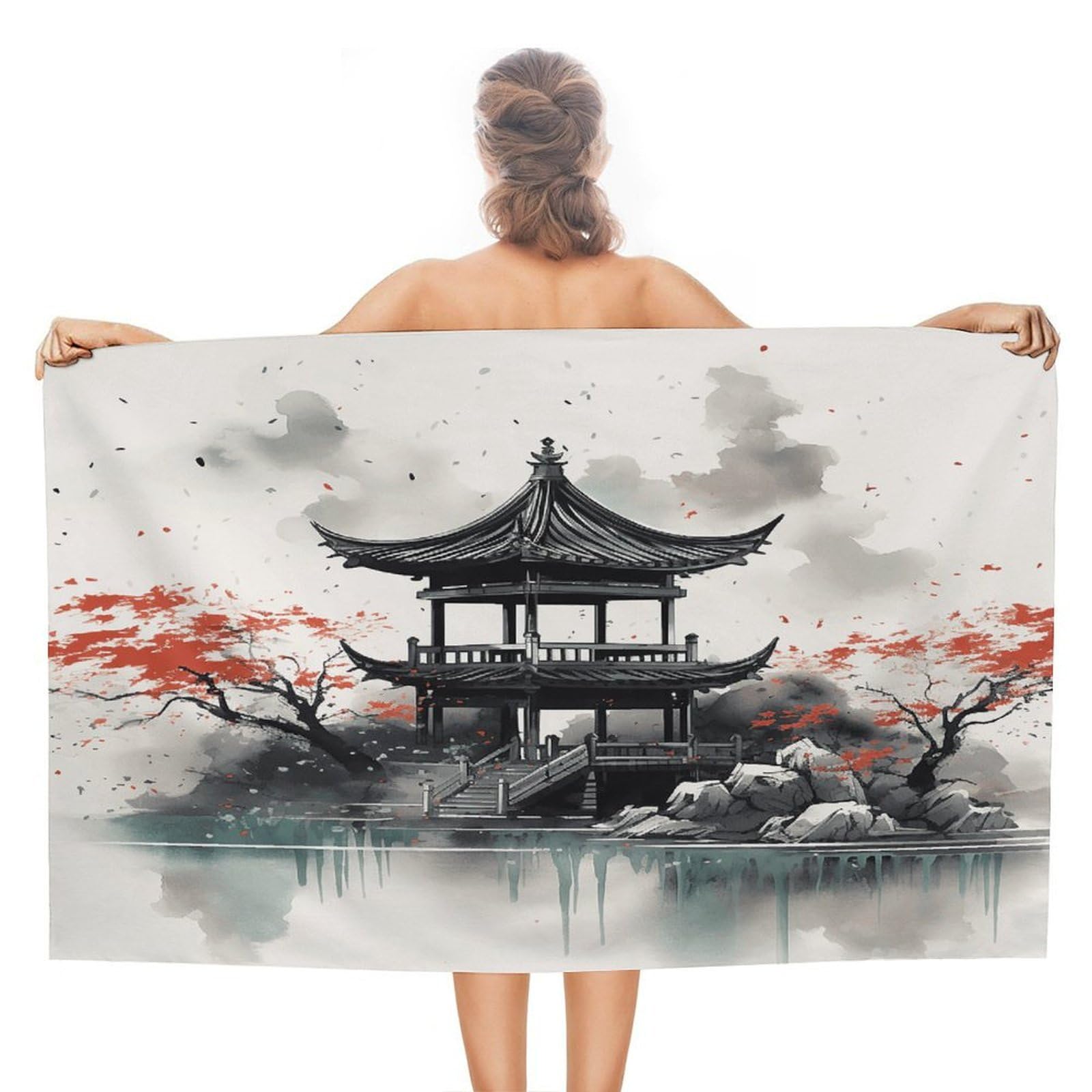VstaDank Chinese Ink Painting Bath Towel Stylish Double-Faced Pile Travel Towel Soft Absorbent Beach Towel for Pool Swim Sports Camping Adults Gift 51X31 Inch
