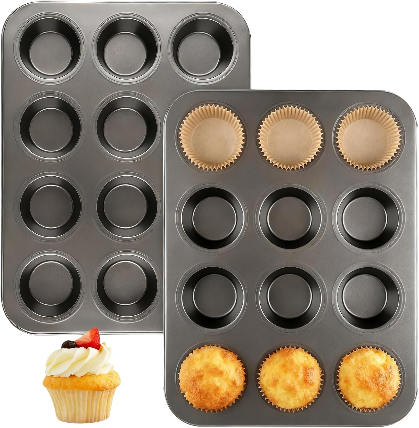 2 Pack Muffin Pan Set,12 Cup Nonstick Carbon Steel Cupcake Pan with 100 Liners,Standard Muffin Tin for Cupcakes and Baking Supplies - Thumbnail 2