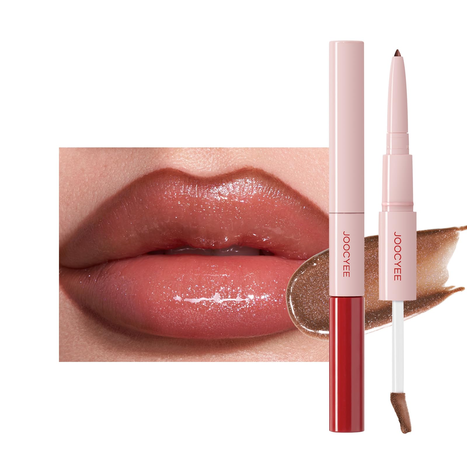 Joocyee 2-in-1 Lip Liner and Gloss, Dual-Ended Plumping Lip Combo with Precise Lip Pencil and Non-Sticky High Shine Liquid Lipstick, Long Lasting Hydrating Lip Makeup Set - Coffee Sugar 02 Coffee Sugar