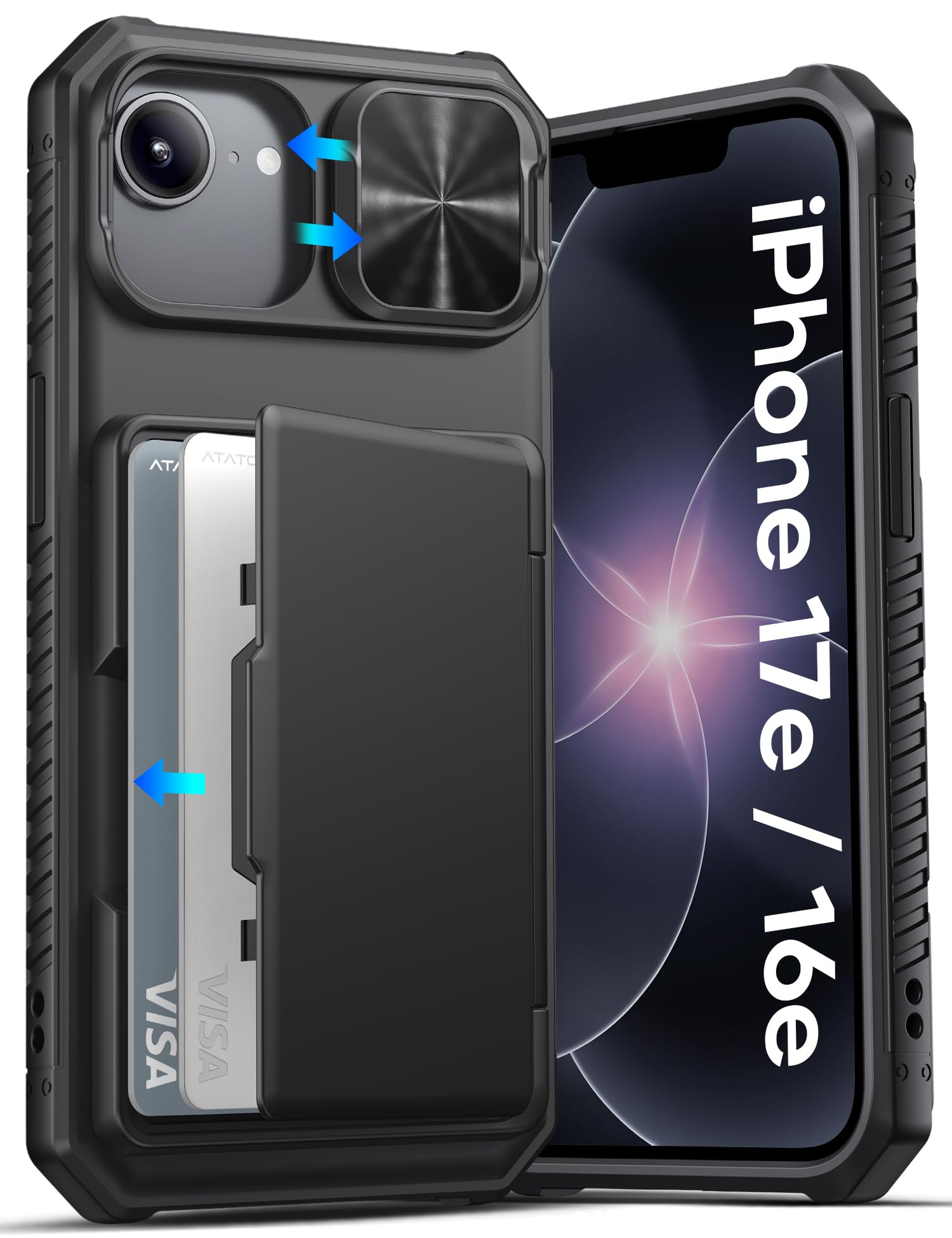 ATATOO for iPhone 17e/16e Case Wallet with Card Holder (3-5 Cards), Black