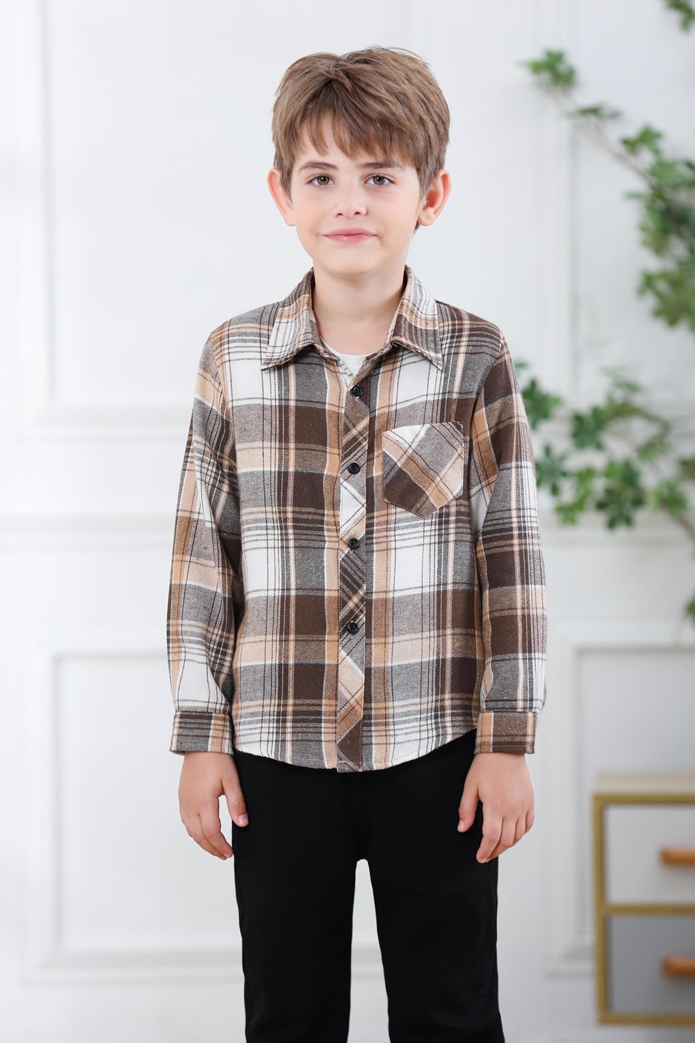 Cromoncent Camisa de franela de manga larga con botones para niños, Marrón caqui, 11-12 años
