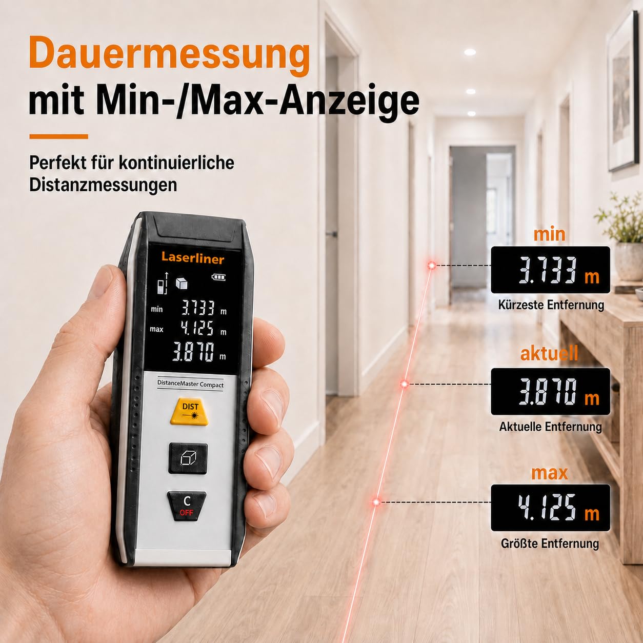 Laserliner DistanceMaster Compact 30 - Telémetro láser (hasta 30 m, medición de Longitud/área/Volumen, medición Continua, Memoria de 50 valores, Incluye Bolsa) | Rango de medición de 30 m, medidor digital, medición de longitud/área/volumen