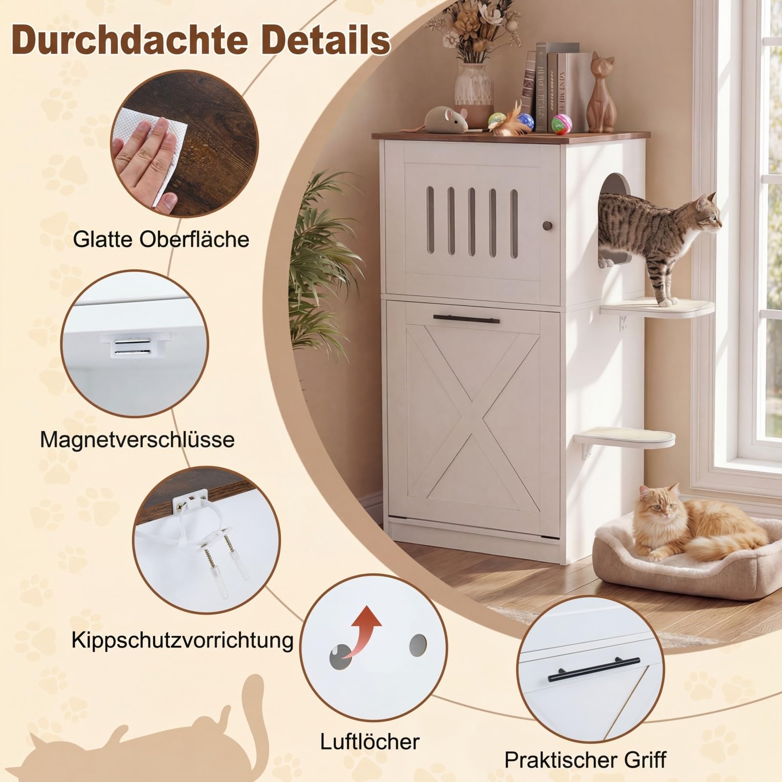COSTWAY Katzenklo Schrank, Katzenschrank mit 2 Sisal-Kratzmatten, Plattformen & Klappfach, 3 in 1 Katzenhaus Katzentoilette Beistelltisch, Holz, Katzenmöbel für Wohnzimmer, modern, Weiß