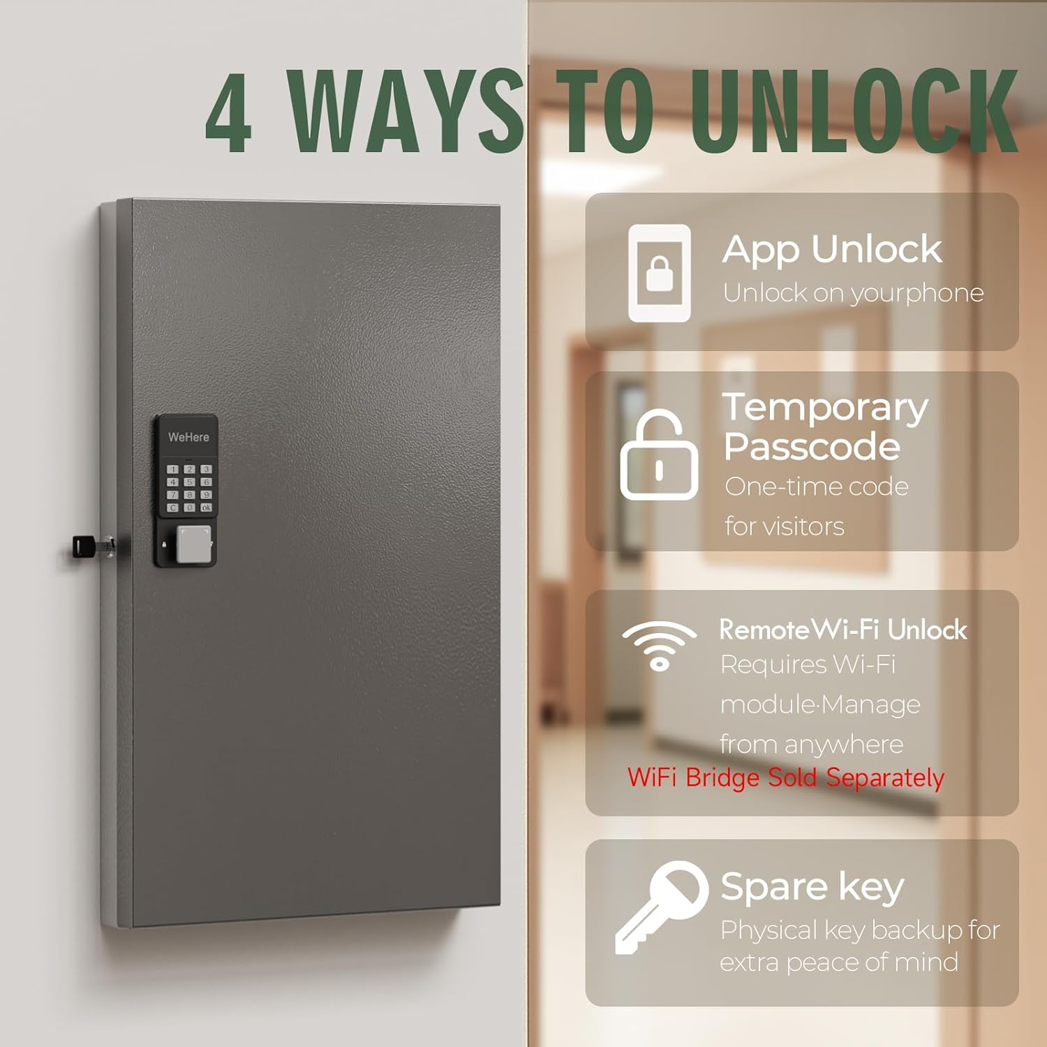 WeHere 96-Key Smart Key Lock Box Wall Mount – Commercial Key Cabinet with App, Keypad, Bluetooth & WiFi Unlock (Sold Separately), Access Log Tracking, Key Management for School, Property, Office
