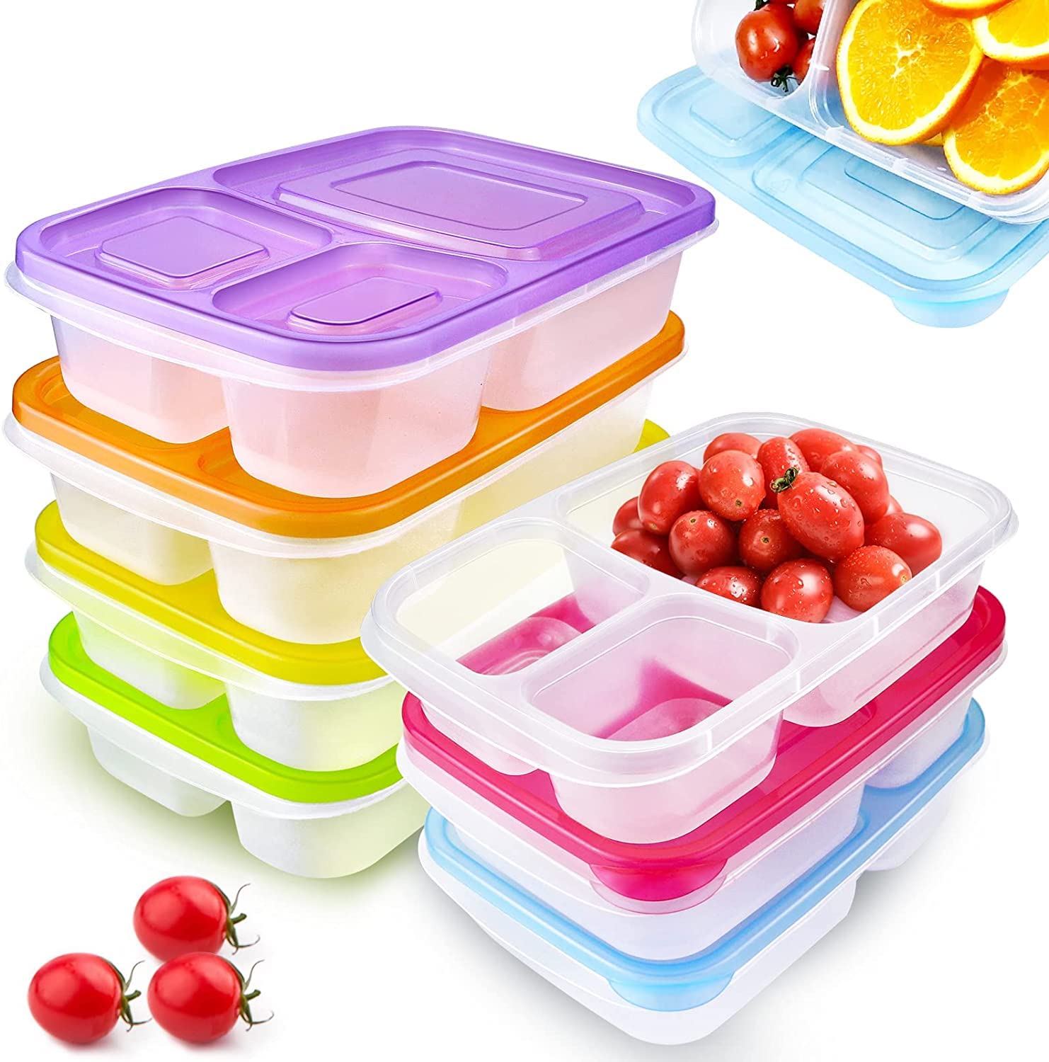 VBOK IGFE7 Pack Bento Lunch Box with 3 Compartments,Meal Prep Containers,BPA-Free Stackable Plastic Leakproof Food Storage Container,Microwave,Dishwasher & Freezer Safe (Rainbow)