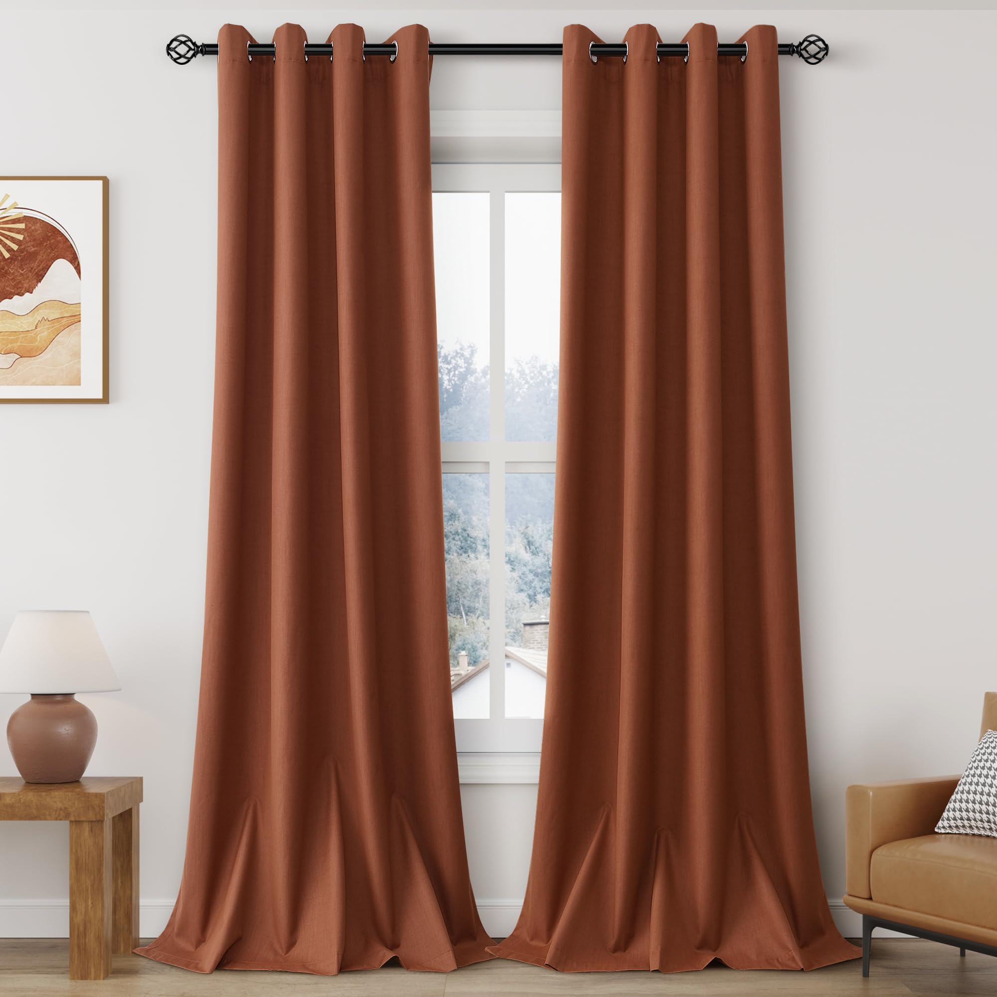 Nanspring 100% Blackout Linen Curtains for Bedroom Thermal Insulated Grommet Complete Blackout Drapes 90 Inch Length 2 Panels Set Heat and Full Light