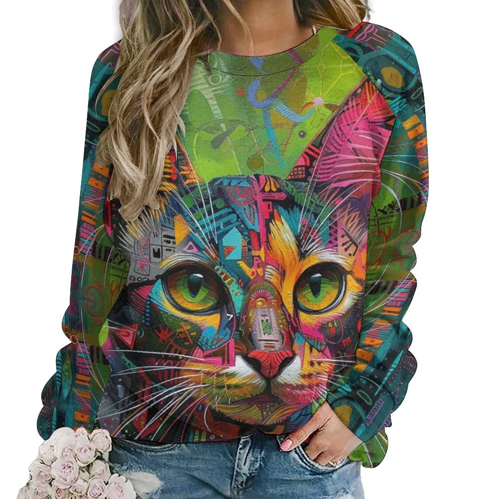 ZOCAVIA Women's Y2K Art Cat Sweatshirts Fall Abstract Graphic Pullover Tops Long Sleeve Oil Painting Cat Printed T Shirts