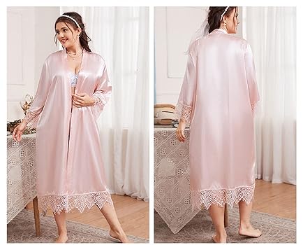 Women Full Length Satin Robe Plus Size Nightdresses Dressing Gown Sexy Lace  Bathrobe Pink XL-5XL,Pink,XL at Amazon Women's Clothing store