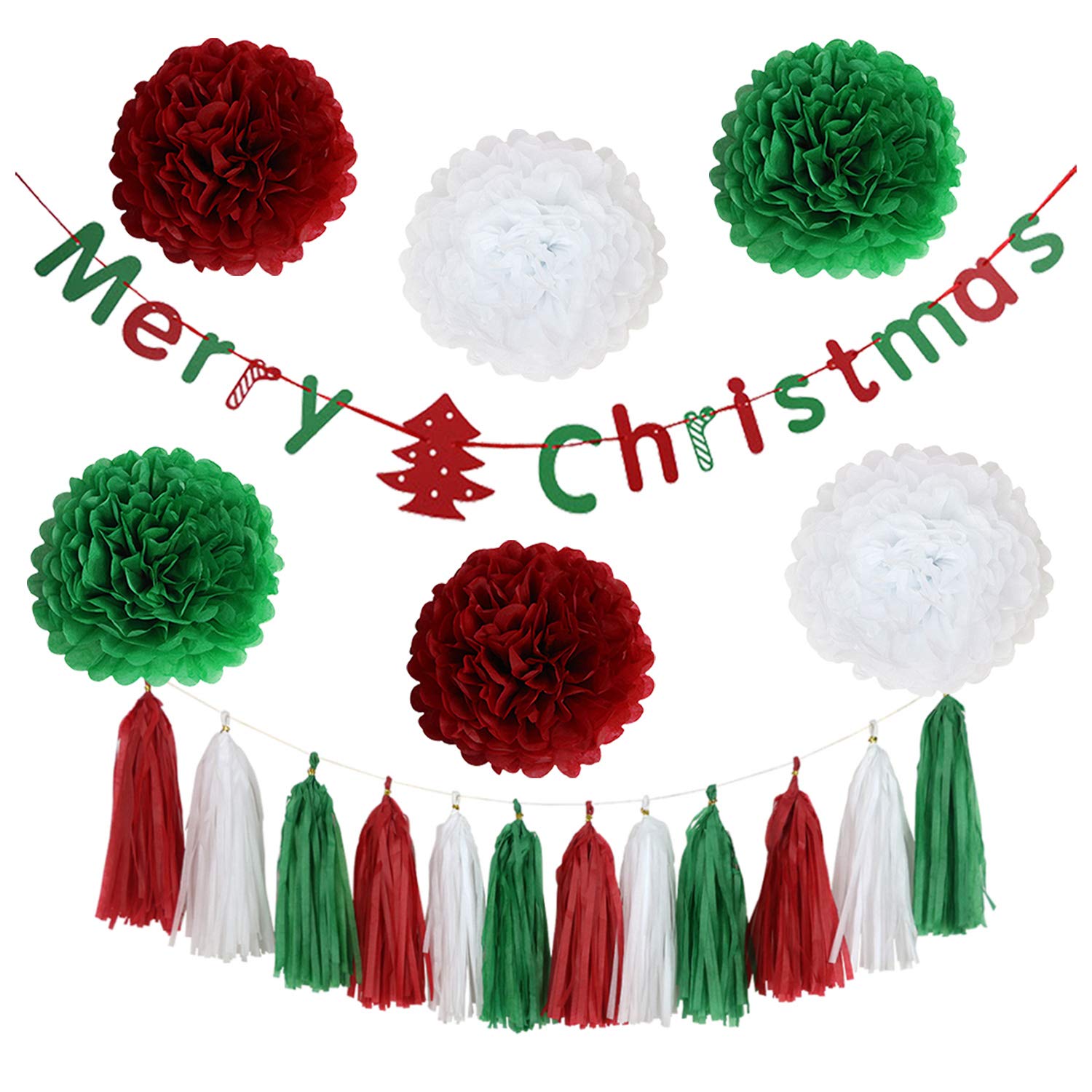 19pcs Christmas Paper Party Decorations for Party Indoor and Outdoor Include White Red Green Tissue Pom-poms Flowers Christmas Banner