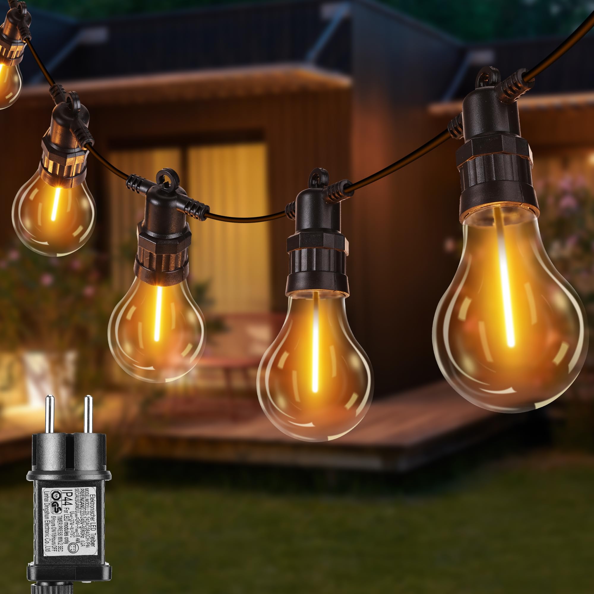 Guirnaldas de Luces Exterior con Enchufe, 15.2M Luces LED Exterior Jardin 20 Bombillas, 8 Modos Cadena de Luces Exterior y Interior Impermeable para Patio Fiesta Balcon Pergola, Blanco Cálido