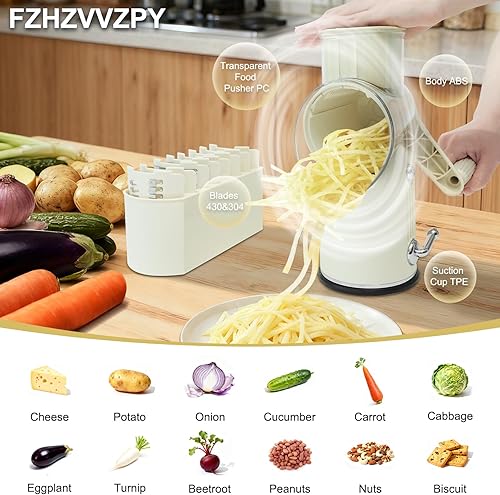 Miniatura 3 de Rallador de queso con manivela giratoria 5 en 1, cuchillas de acero inoxidable reemplazables, trituradora de verduras con mango y base de succión