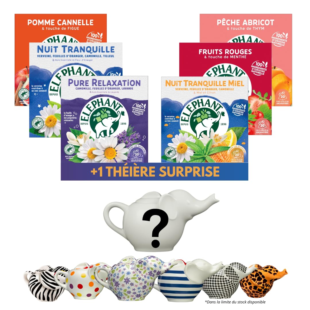 Éléphant - Routine Bien-être & Fruités + 1 théière Eléphant Mystère offerte | Infusions 120 Sachets Pyramid® | 100% d'ingrédients d'origine naturelle | Lot de 6 x 20 sachets