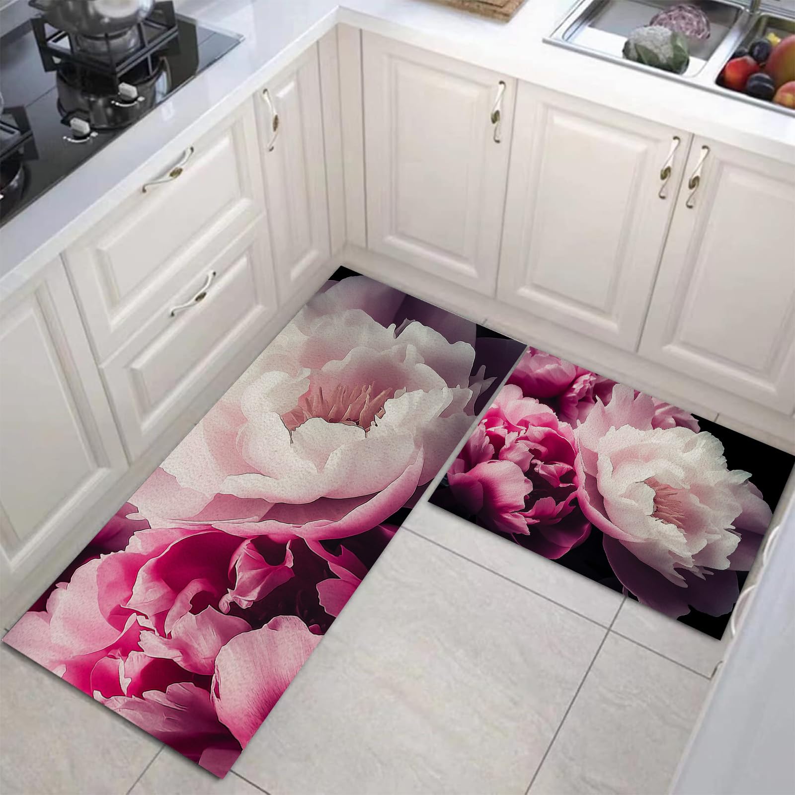 Tapis de cuisine antidérapant pivoine rose lavable lot de 2 carpettes 43x75 43x150cm