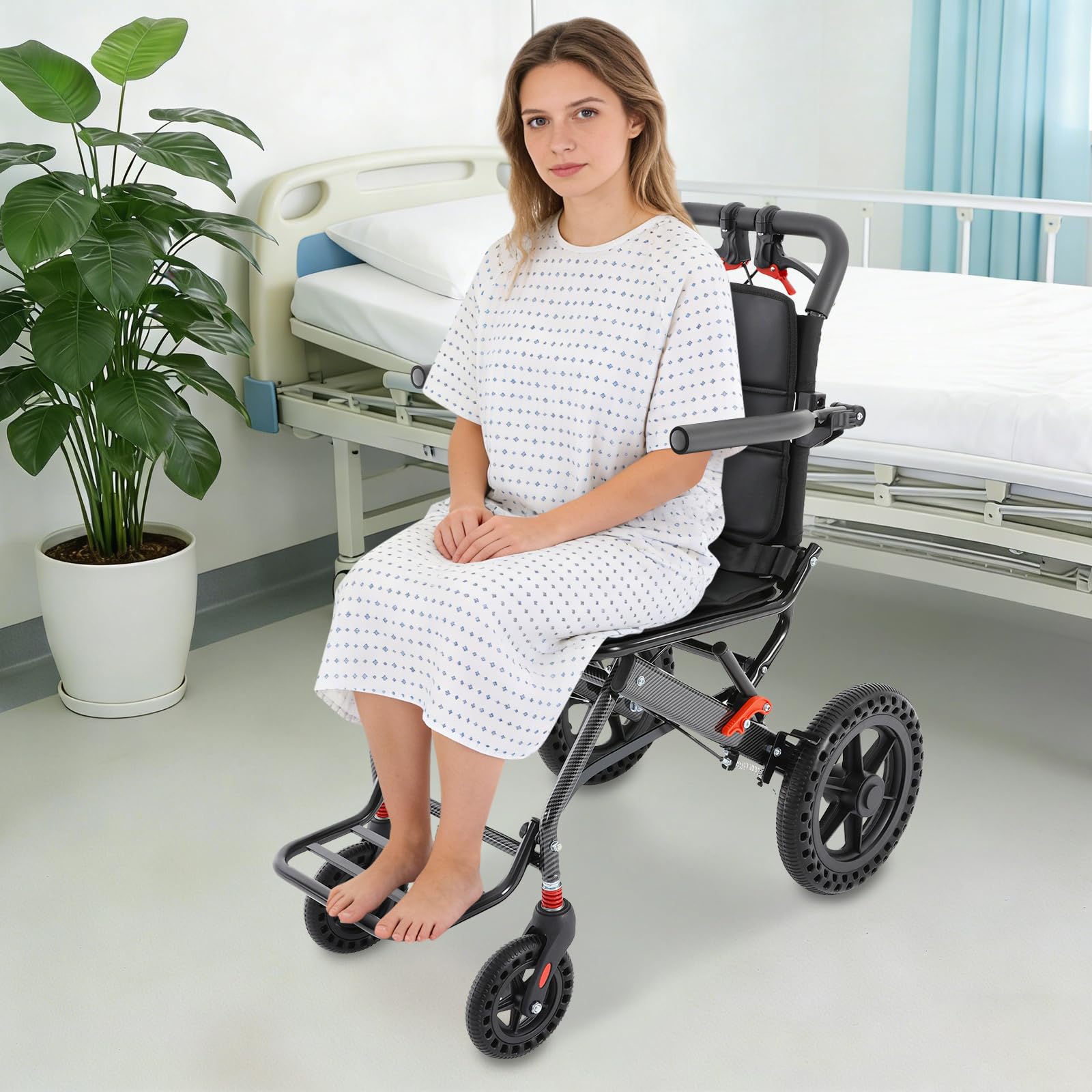 Folding Wheelchair Transportrollstuhl Reise Rollstuhl klappbar Aluminiumlegierung mobil 100kg Belastung Gummi PU Schaumstoff Oxford Gewebe schwarz 2 Schwenkräder 2 Feststellräder mit Aufbewahrungstasc
