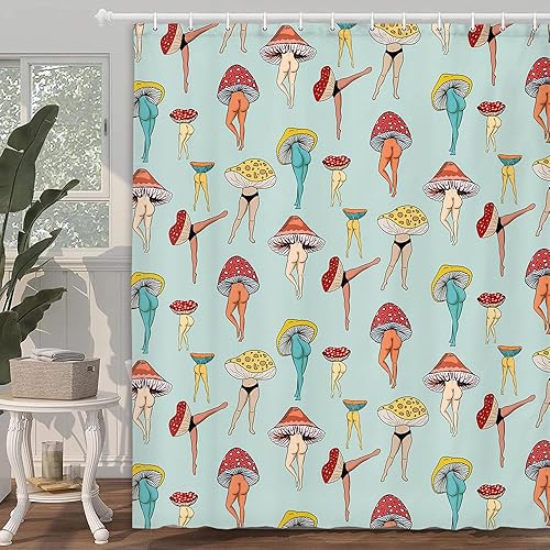Miniatura 3 de Divertida cortina de ducha con trasero de hongo, divertida y sexy, de los años 70 y 80, cortinas de ducha de tela para baño, hippie, psicodélico,