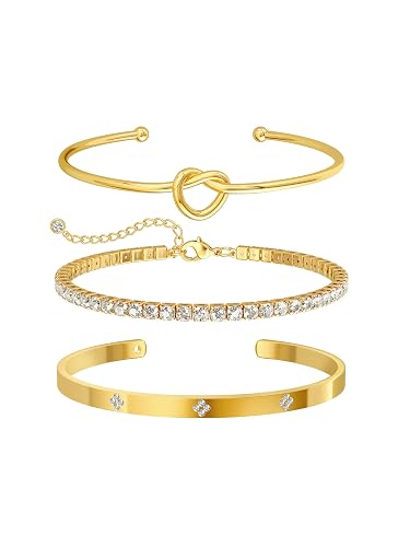 Gold Bracelets for Women, 3 Pcs 14K Gold Plated Stackable Bracelet Set, Dainty Love Knot Bangle, CZ Tennis Bracelet, Open Cuff Bracelet for Women, Adjustable Jewelry Gift for Daily Wear