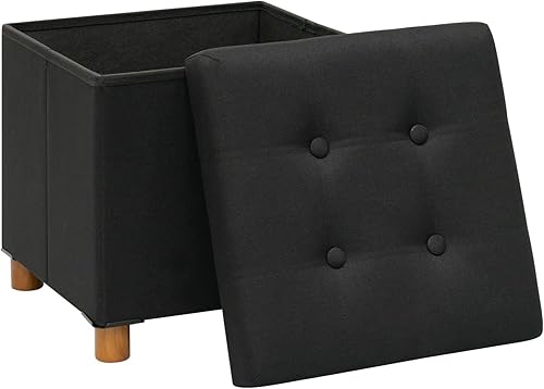 Miniatura 7 de PINPLUS Cubo otomano de almacenamiento, reposapiés de lino blanco con patas de madera, reposapiés de tela plegable, asiento cómodo con tapa, otomana