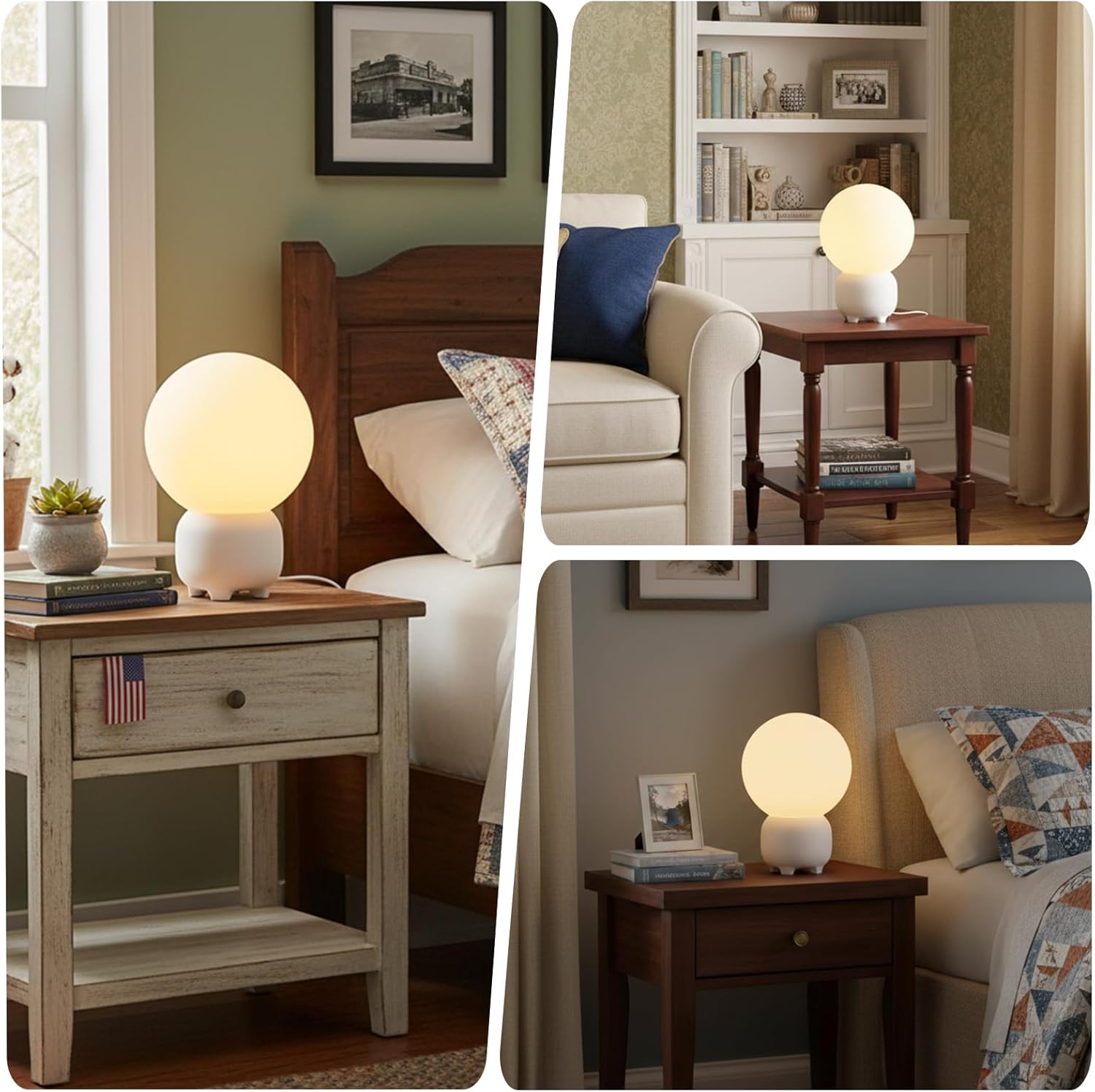 Arturesthome Bedside Table Lamp for Bedroom Nightstand Table Lamp for Living Room,White Night Stand Light Lamp with Round Shade,Modern Bedroom Lamp White 26CM*18CM