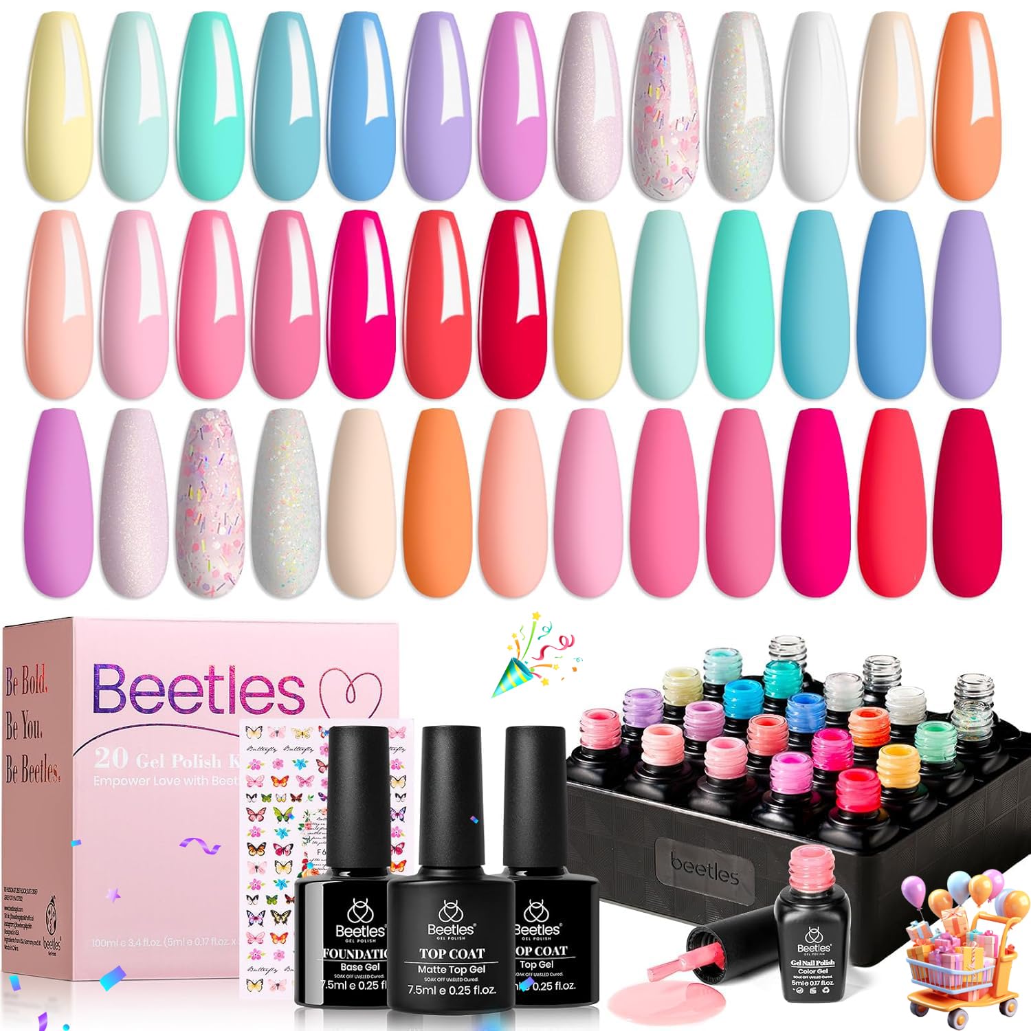 Beetles 23Pcs Gel Nail Polish Set with Base Top Coat Spring Pastel Bright Neon Colors Gel Polish Kit Nude Blue Pink Red Gr...