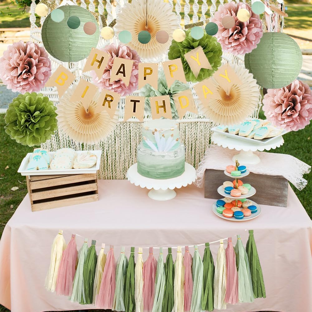 Olive Green and Pink Birthday Decorations Sage Green and Dusty Pink Birthday Decorations Dusty Rose Pom Poms Boho Sage Green Birthday Party Decorations with Green Pink Tassel Garland for Women Girls - Image 6