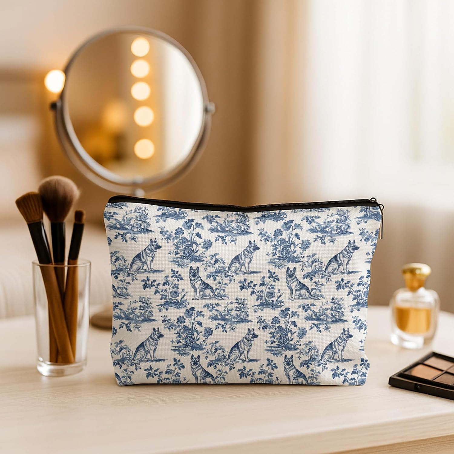 Blue and White Chinoiserie German Shepherd Makeup Bag, German Shepherd Lovers Gifts Cosmetic Bags for Women, Grandmillennial Shepherd Dog Makeup Zipper Pouch - Image 3
