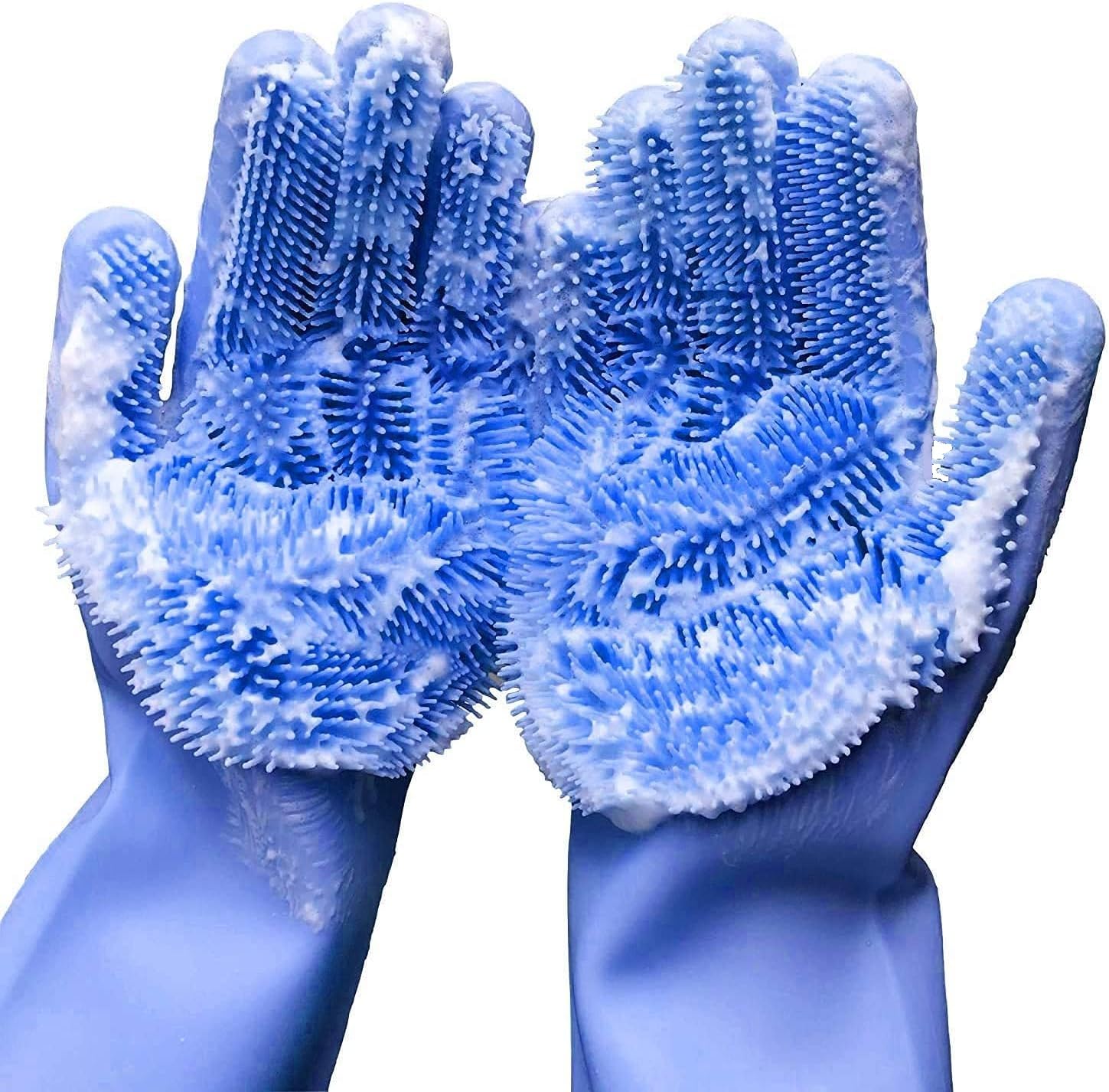 Reusable Cleaning Silicone Gloves with Scrubber Bristles for Dishwashing, Dog Pet Grooming & Car Wash (13.6" Large)